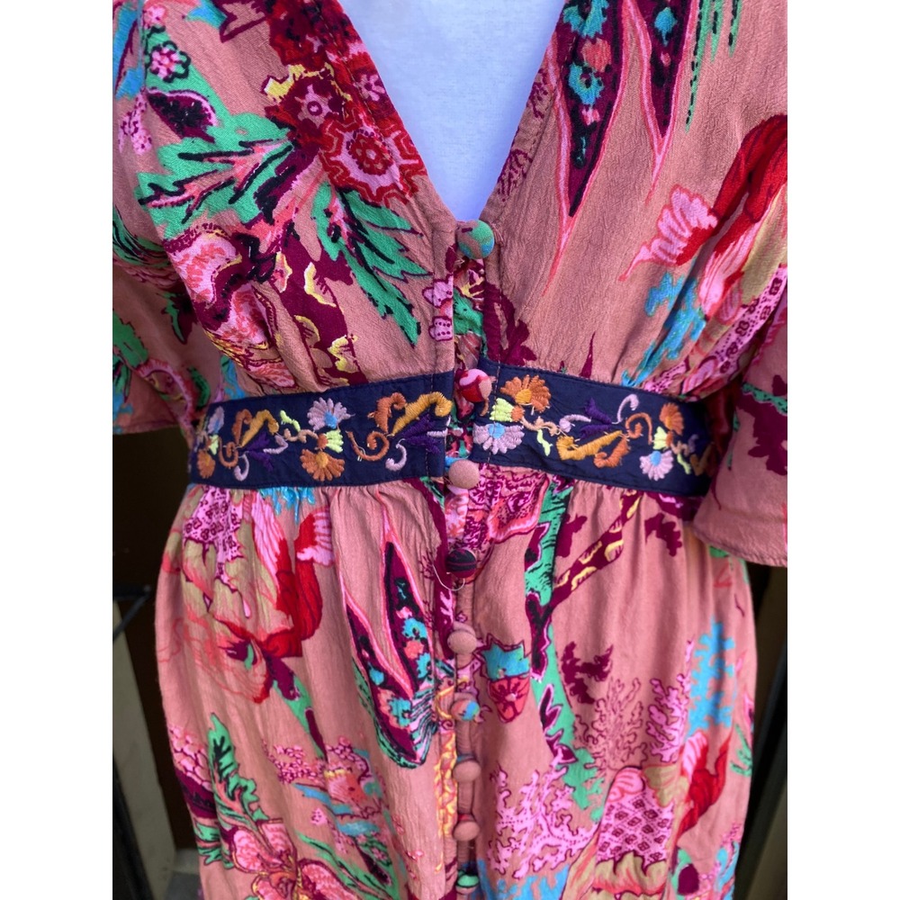 Anthropologie Floral Embroidered Pink Maxi Dress Large Boho Western Romantic Fem - Picture 3 of 8